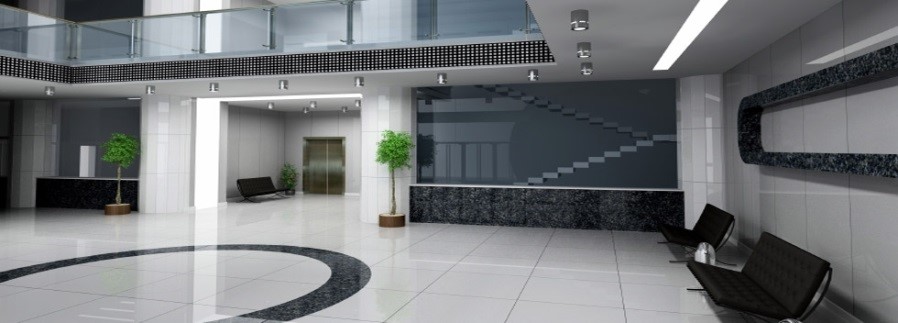 the main lobby of a business after being cleaned and waxed