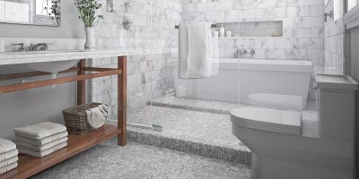 Pristine white marbled bathroom in a home