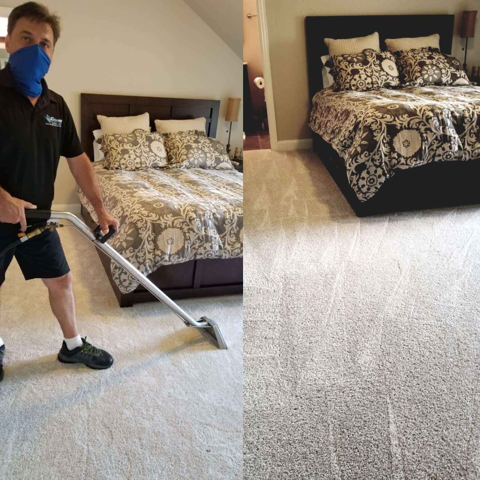 Before and after a home bedroom carpet cleaning in The Colony Texas