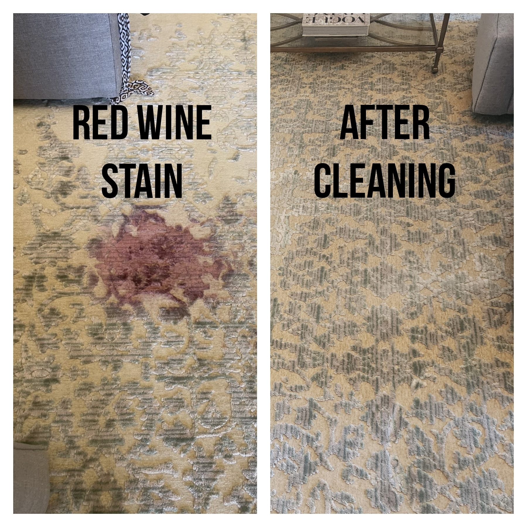 before and after red wine stain cleaning on an area rug